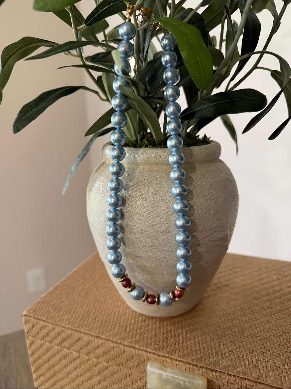 Light Blue Pearl Necklace with Red Accent Beads